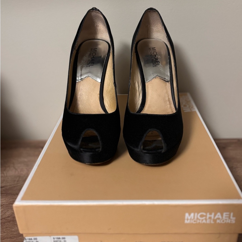 Michael Kors Black Velvet Peep-Toe Heels